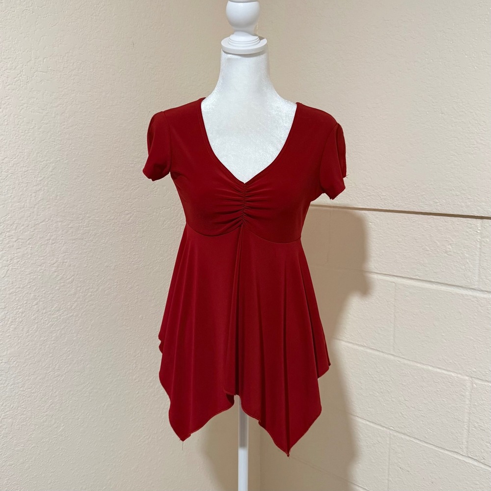 American City Wear Tunic Top Womens Small Red Handkerchief Hem Ruched Y2K
